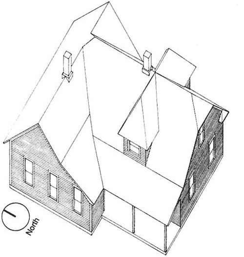 Ariel-view drawing of the Pavelka house.