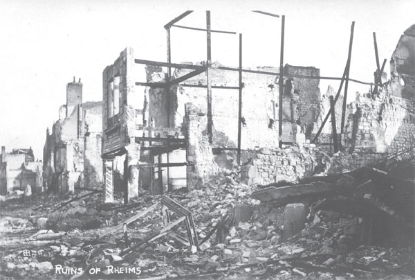 Postcard view of the ruins of Reims (Rheims), c. 1918.