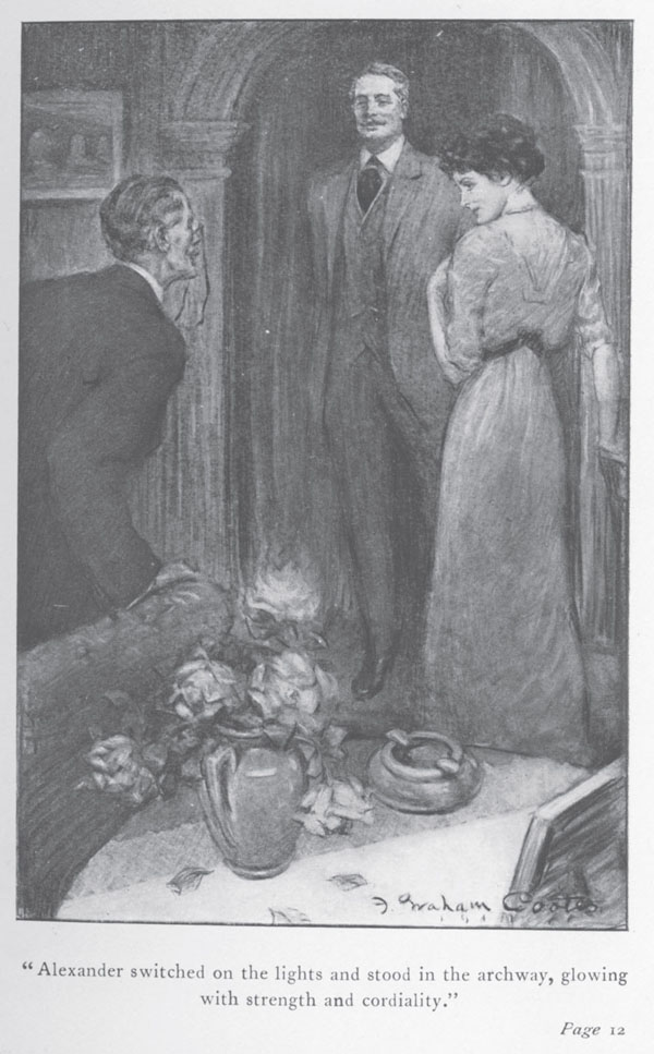 Illustration of Bartley Alexander, Winifred Alexander, and Lucius Wilson in doorway