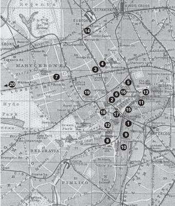 Map showing sites in centeral London referred to in Alexander's Bridge.