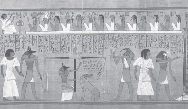 Photograph of an Egyptian judgment scene in the mummy room in the British Museum.