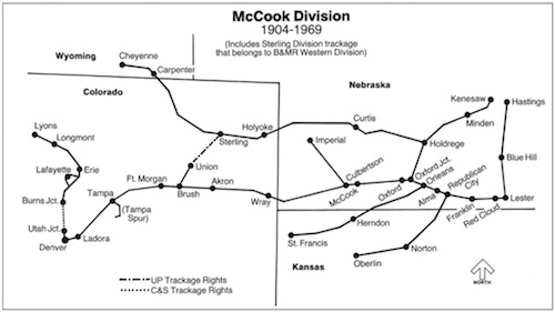 Map of McCook Division of the Burlington and Missouri Railroad in Colorado and Nebraska, pre-1941.