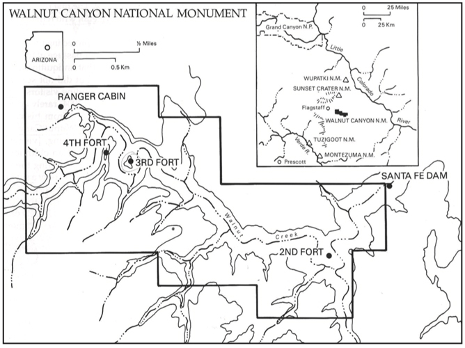 Map of Walnut Canyon National Monument.