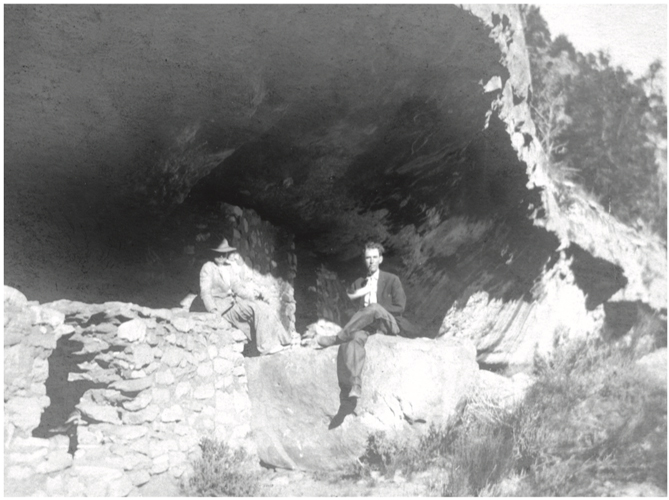 Photograph of Willa Cather and her brother Charles Douglass Cather seated in Walnut Canyon in 1912.