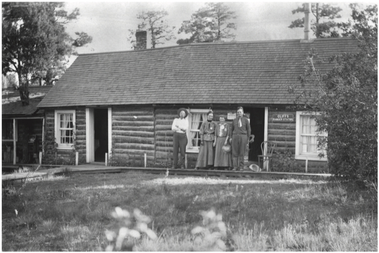 Photograph of Ranger William Henry Pierce and his family standing on the porch of Roger Cabin near Walnut Canyon circa 1913.