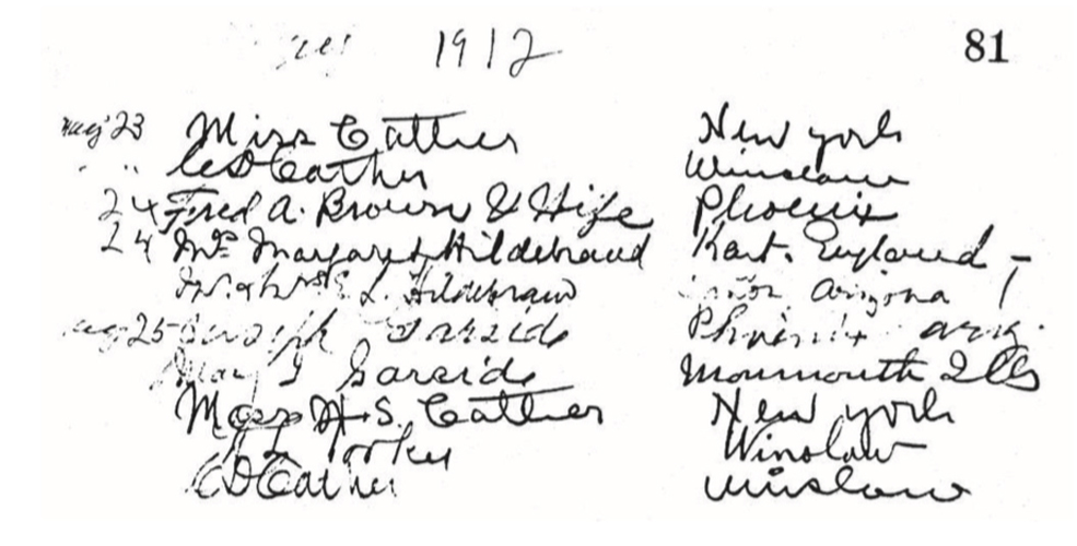 Image of Ranger Cabin guestbook from 1912, with Willa Cather and Douglass Cather's signatures, as well as others.