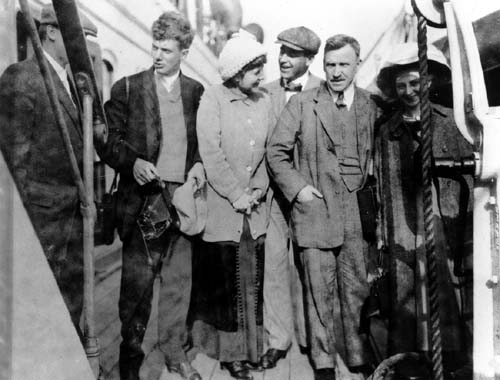 Photograph of a trip to Europe, 1903, left to right: unidentified (behind railing), Robert McClure, Florence Wilkinson, Cale Young Rice, S.S. McClure, and Alice Hegan Rice. Courtesy Lilly Library, Indiana University, Bloomington