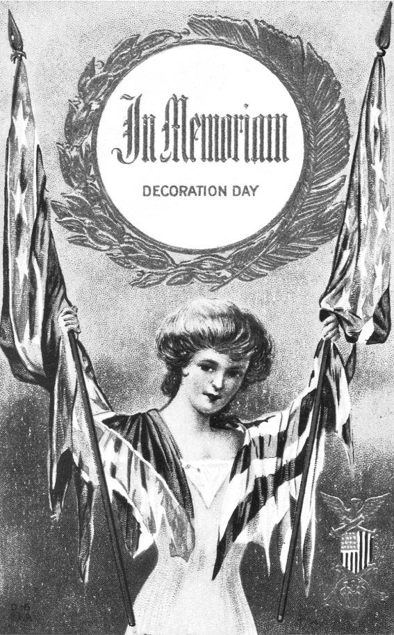 This turn-of-the-century postcard commemorates Decoration Day with some of the iconography that had become associated with that holiday, established to honor Civil War dead. The central wreath is a conventional tribute to heroism, and the U.S. and Confederate flags are of equal size and importance, suggesting that both armies are honored. The flags become the clothing of the central young woman, implying that memorializing is a female task.
