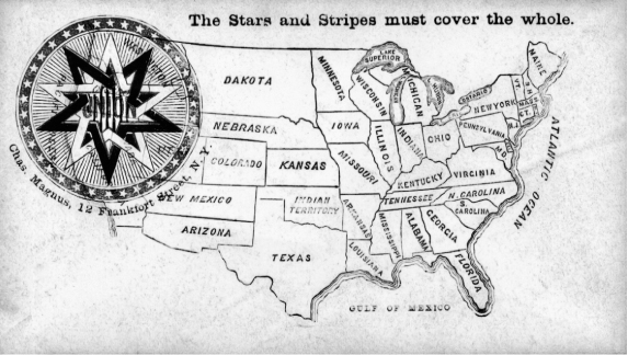 This commemorative envelope, printed in New York City during the Civil War years underlies the importance of the U.S. flag ("The Stars and Stripes must cover the whole" map of U.S. territories and states—even the seceded states) and of UNION, the word emblazoned across the red, white, and blue star at upper left.