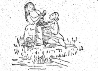 sketch of maiden preparing to crown a young man