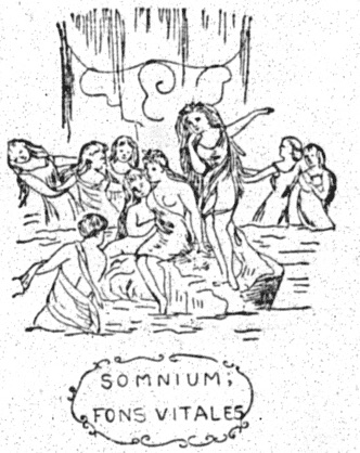 sketch of curtain with nymphs and motto reading "SOMNIUM; FONS VITALES"