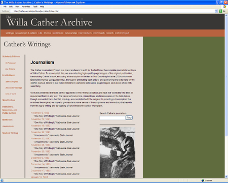 Screenshot of the Willa Cather Archive