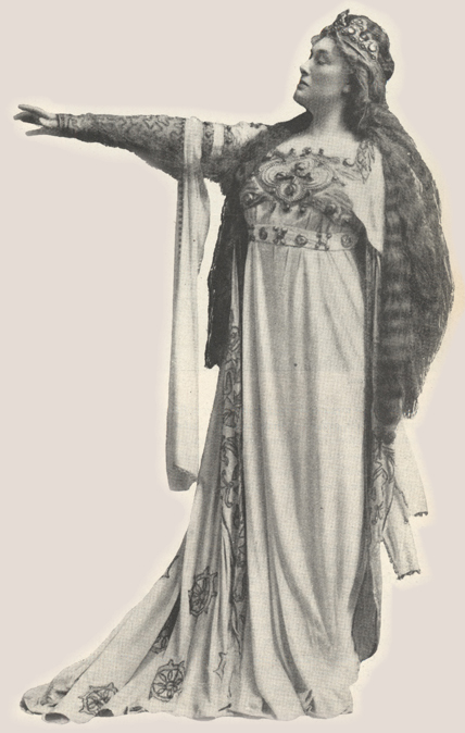 Illustration of Fremstad in costume standing with arm outstretched.