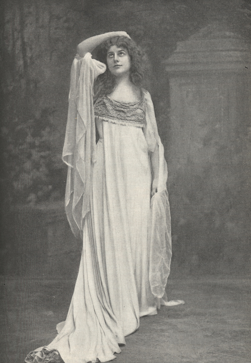 Illustration of Farrar in costume looking upward with arm resting on her head.