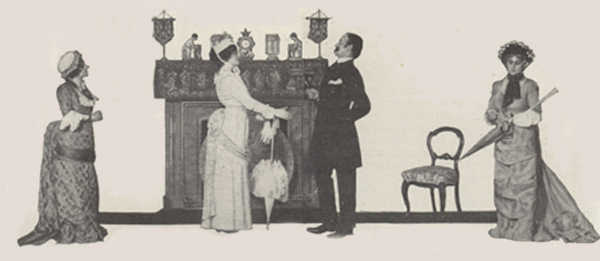 Emily's father entertains two women while Emily stands to the side looking downward.