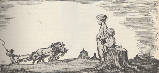 sketch of two young boys and man with plow