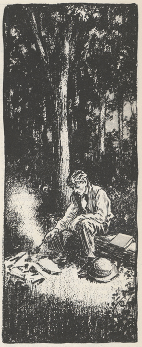 sketch of McClure cooking over a fire