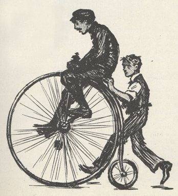 sketch of McClure helping a man learn to ride a bicycle