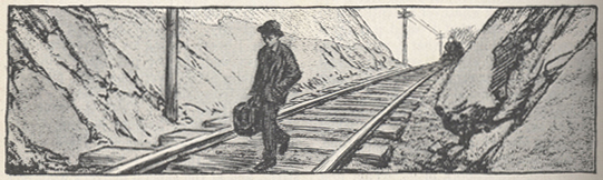 sketch of McClure walking on train tracks