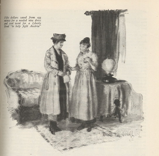 Illustratiion of two women standing in a parlor, one the Liberty Bond canvasser and the other the woman of the house who buys a Liberty Bond with her egg money.