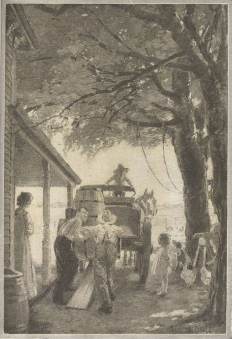 Illustration of two farmers loading a barrel onto a horse-drawn wagon while a woman, several children, and some farm animals look on.