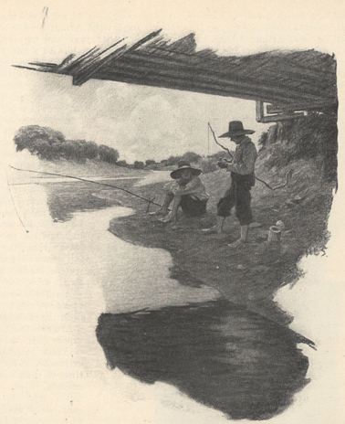 Illustration of two boys with fishing poles.