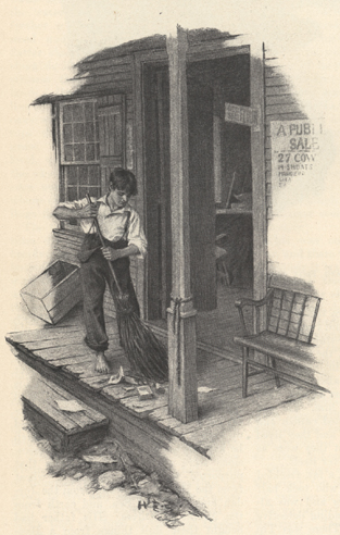 Illustration of a boy sweeping a porch.