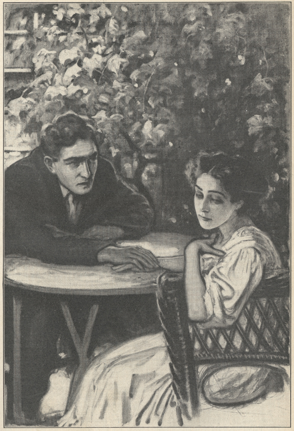 Drawing of a man and a woman sitting across a table from one another, the man's hand resting on the woman's.