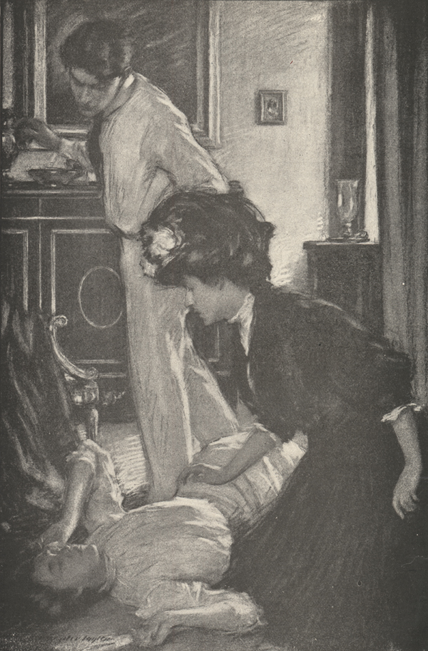 Illustration of a man standing and a woman kneeling over a second woman, who is lying on the floor.