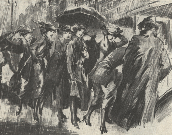 Illustration showing a group of young women in the rain with an umbrella being helped into a limousine by a man.