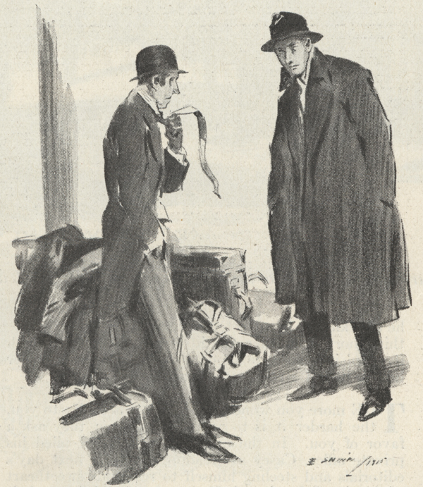 Illustration showing two men, one standing next to luggage with a railroad ticket in his hand and talking to the other.