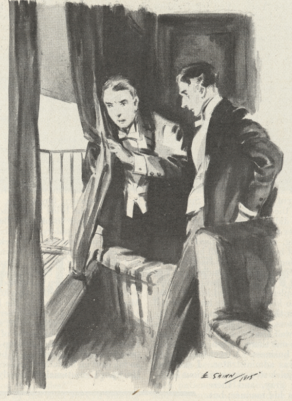 Illustration showing two men looking out the window.