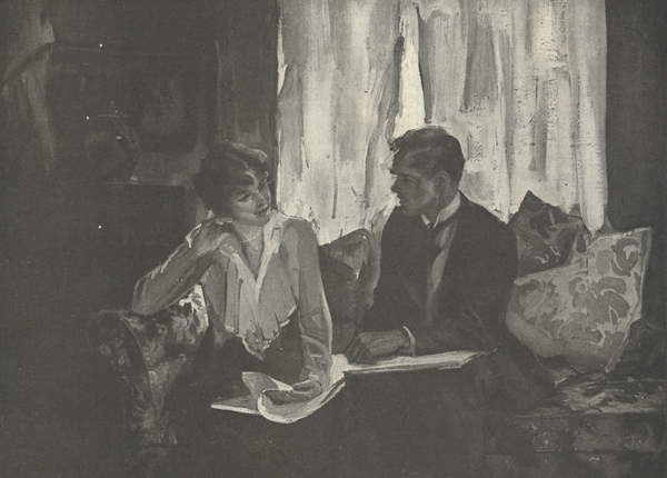 Illustration of a man and a woman seated with a book in their laps but looking at each other.