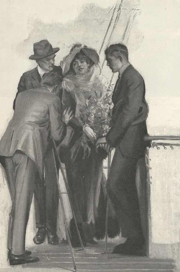 Illustration of a woman dressed in a fancy scarf and a big hat standing against the rail of a ship with one man standing on either side of her and another man photographing her.