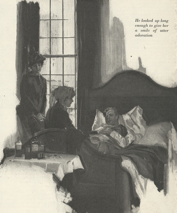 Illustration of man lying in bed with two women looking over him, one sitting on the bed and the other standing in the background.