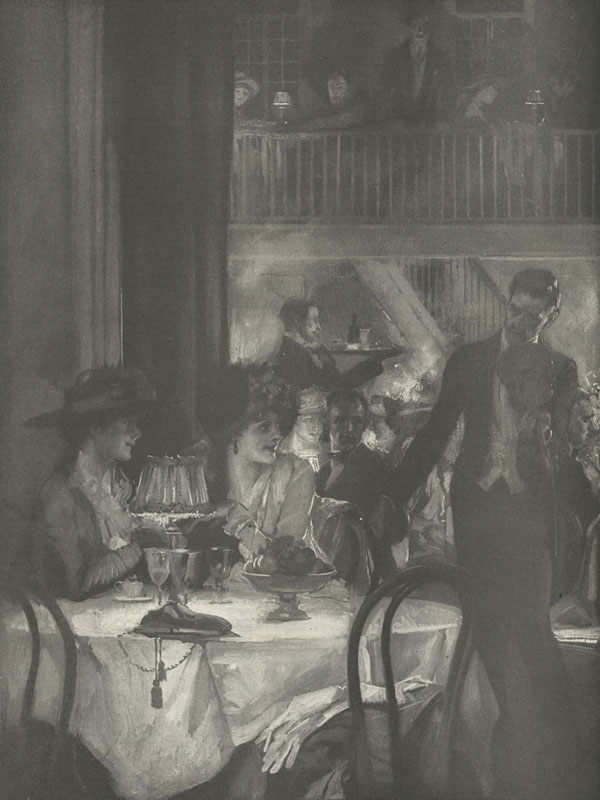 Illustration of two women sitting at a table in a restaurant with a man with a violin standing next to them.