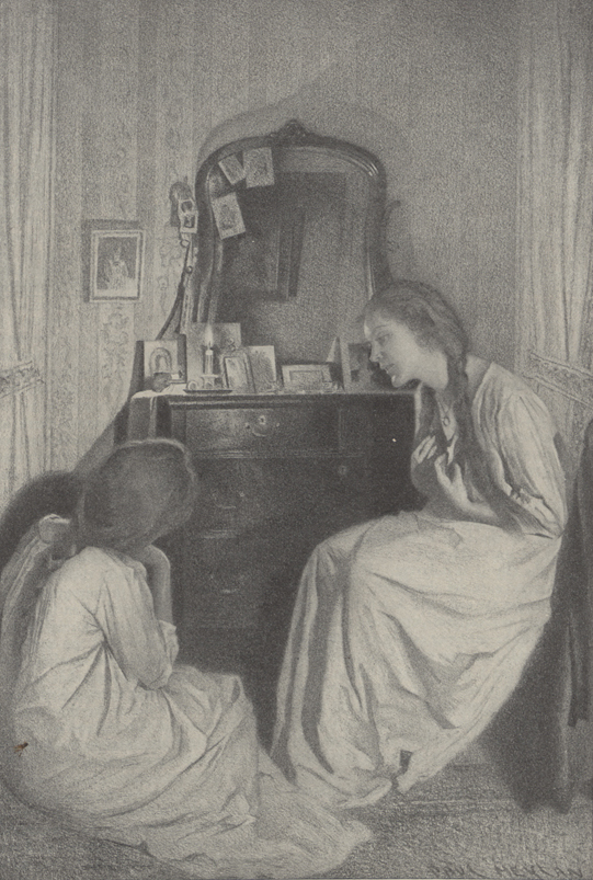 A drawing of two girls in nightgowns sitting and talking in front of a dresser