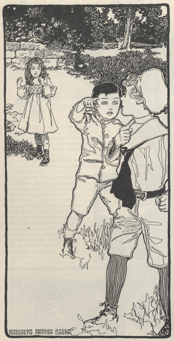 Drawing of a little boy starting to grab another boy and a litle girl standing and looking frightened in the background