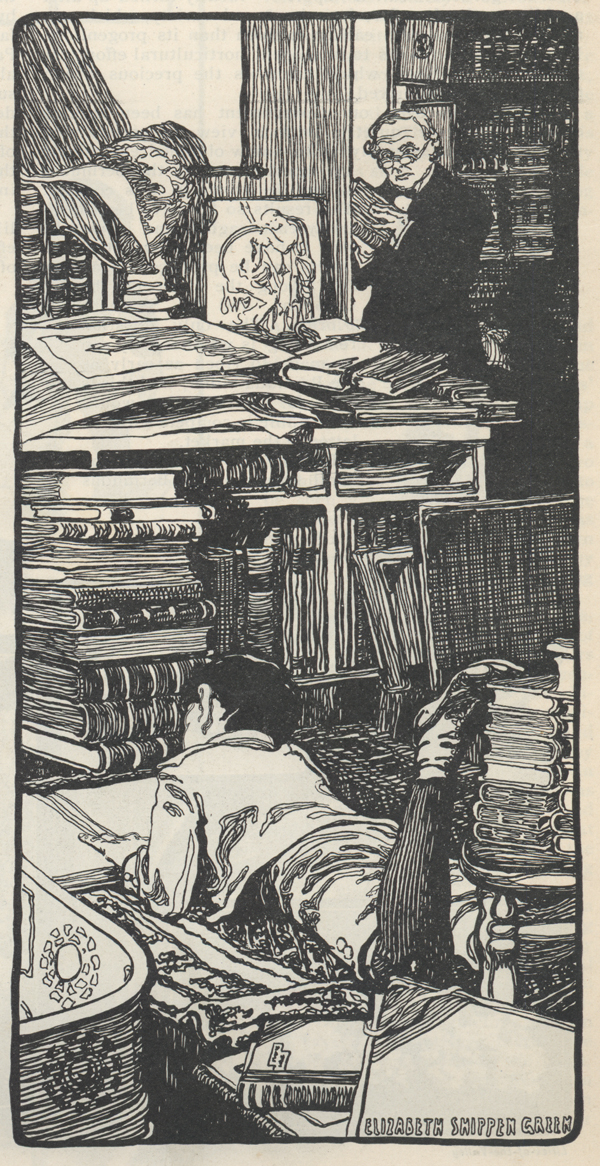 Drawing of a little boy lying on a rug on the floor and reading a book in a book-filled room while an old man in the background looks over at him.