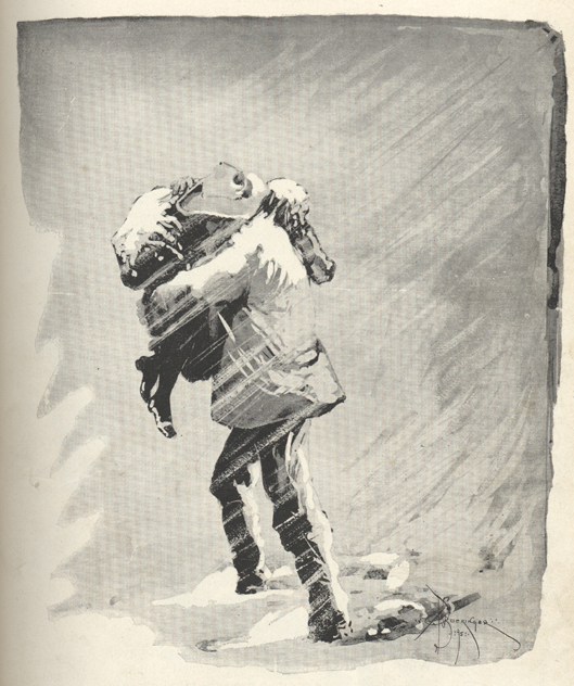 Drawing of a man carrying a woman through a snow storm.