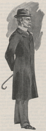 An illustration showng a man in a top coat and a hat, holding a can behind his back.