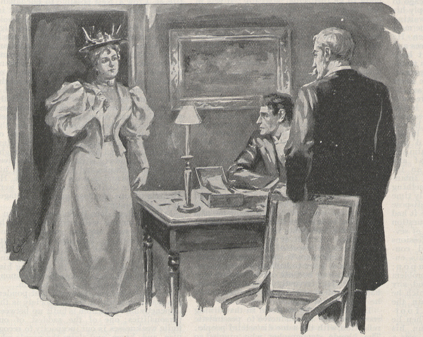 Illustration showing a well-dressed woman entering a room in which two men, one seated at a table and one standing near the first with his left arm resting on a chair.