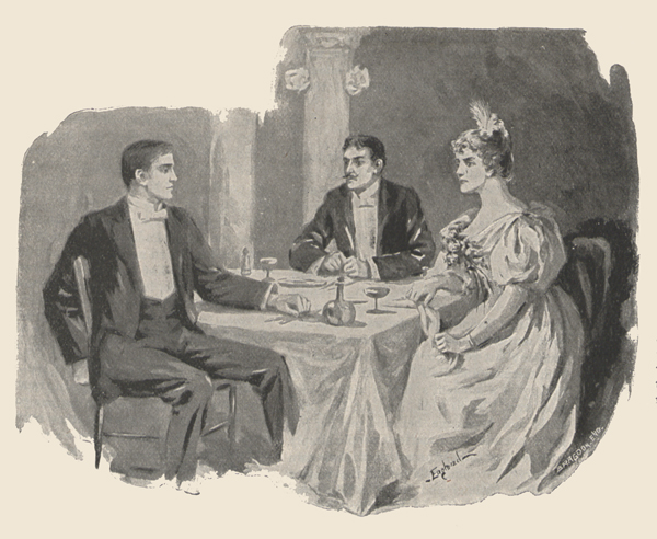 Illustration showing two men and a woman in evening clothes seated at a dining table.