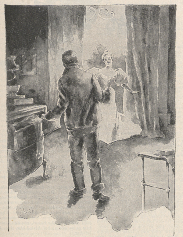 An illustration of a man seen from behind who is standing next to the open drawers of a dressing case and a woman in evening dress entering through the doorway.