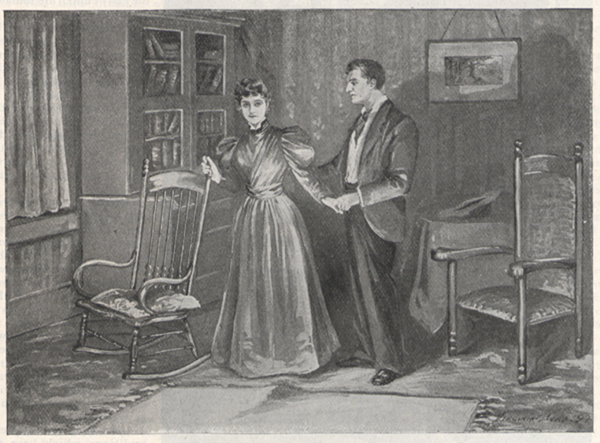 Illustration of a woman standing near a rocking chair and a man standing next to her, holding her hand.