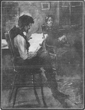A drawing of a man reading a newspaper and a woman sitting near him with her darning in her lap.