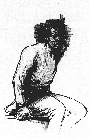 Drawing of a man sitting on the edge the bed with a frightened look on his face.