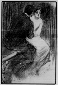 A drawing of a man and a woman sitting on a bench, the man seen from the back.