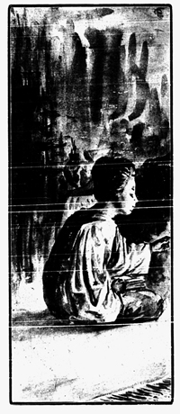 Drawing of Chinese woman kneeling.