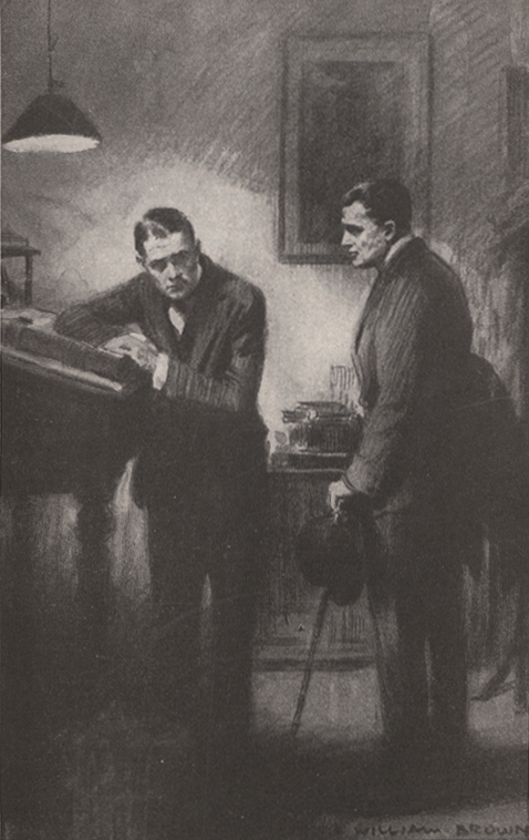 A drawing of two men talking, one leaning against a ledger on a high desk and one standing near him with a cane and hat in his left hand.